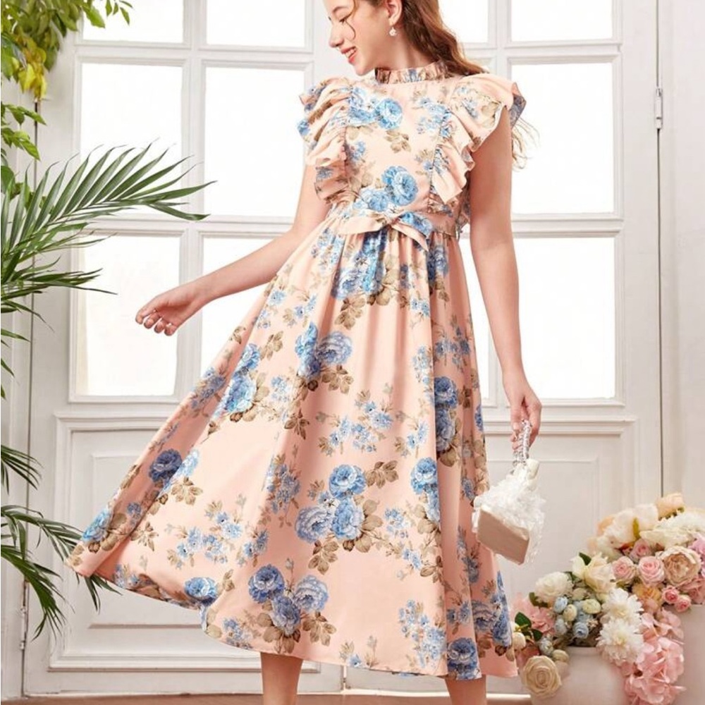 SHEIN Teen Girls' Floral Print Ruffle Hem Vacation Dress NEW SIZE 14 XL